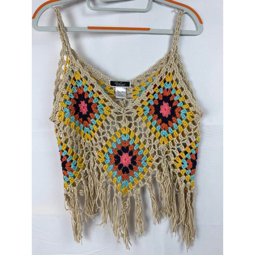 Vivid Multicolor Crochet Knit V Neck Cropped Fringe Festival Tank Top Size Small